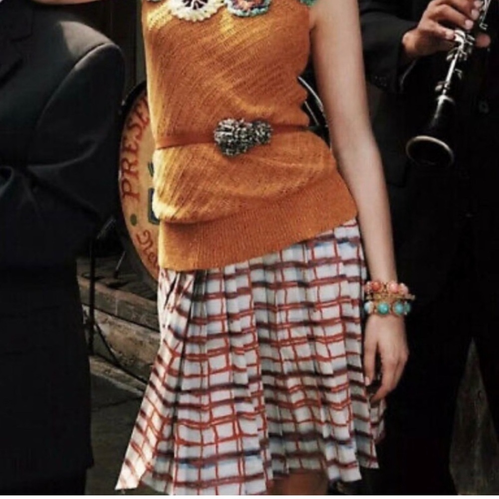 Anthropologie Maeve Orange Blue Gray Asymmetrical Plaid Pleated Mini Skirt 8